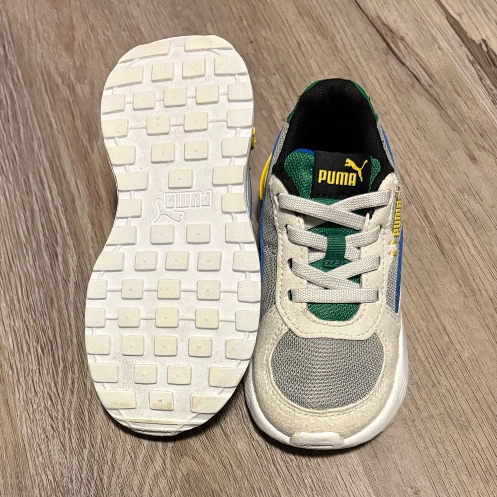 Puma Kids White Sneakers with Green, Blue & Yellow Accents